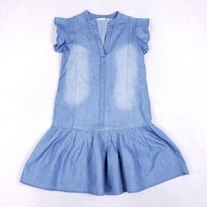 G. Kale Petite Chambray Ruffle Sleeve Drop Waist Dress Size PS Blue Denim